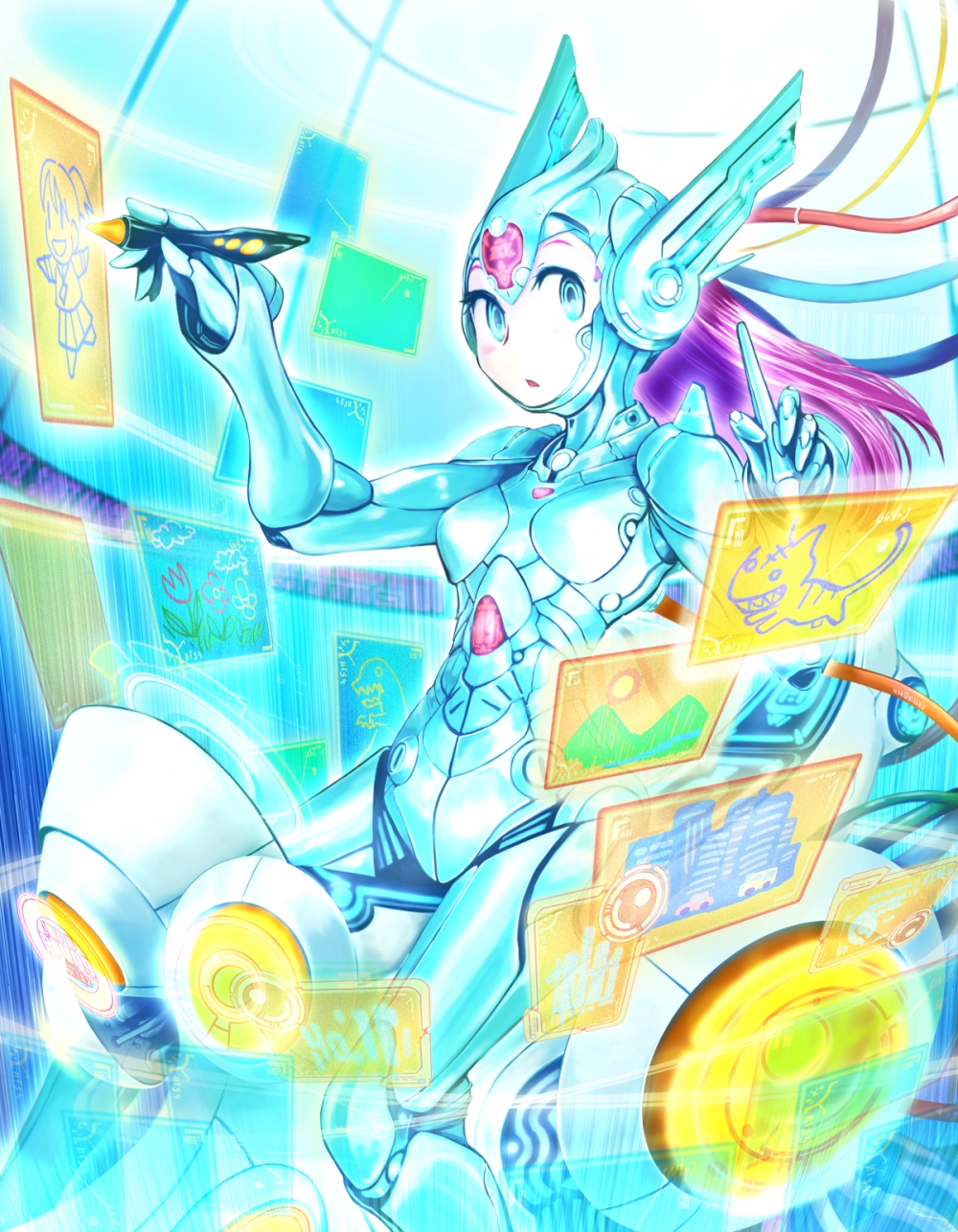 blue_eyes, blush, cable, highres, hologram, long_hair, monitor, oekaki_musume, original, pen, purple_hair, science_fiction, scifi, solo, tanigawa_hiroshi