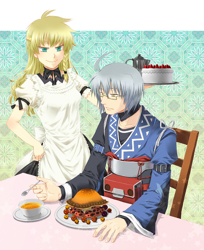 apron, blonde_hair, cake, food, glasses, green_eyes, grey_hair, kirisame_marisa, morichika_rinnosuke, mushroom, nima_(justy), nimama, pastry, smile, touhou, yellow_eyes