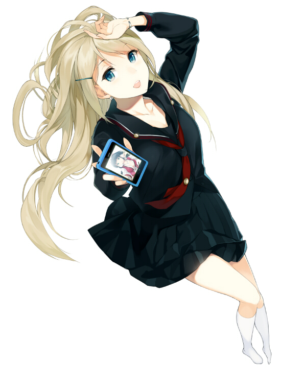:d, arm_up, blonde_hair, blue_eyes, cellphone, collarbone, hand_on_own_head, holding