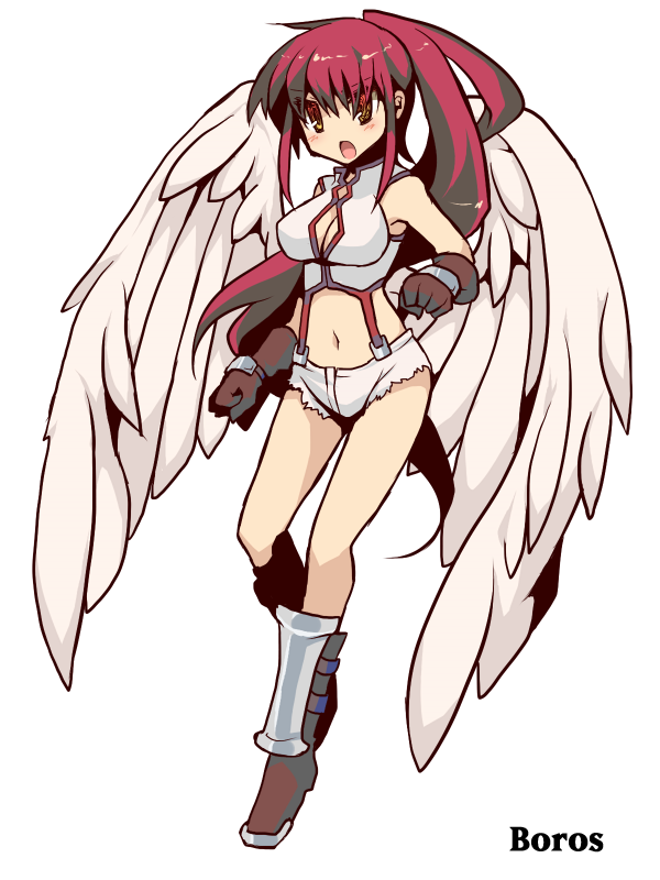 1girl, angel_wings, bare_shoulders, character_name, cleavage_cutout, cutoffs, gloves, gradient_eyes