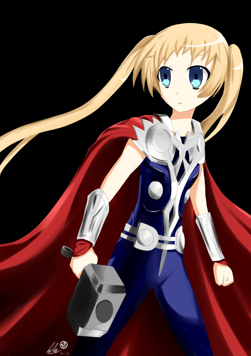 armor, blonde_hair, blue_eyes, bodysuit, cape, chuunibyou_demo_koi_ga_shitai!, cosplay, crossover