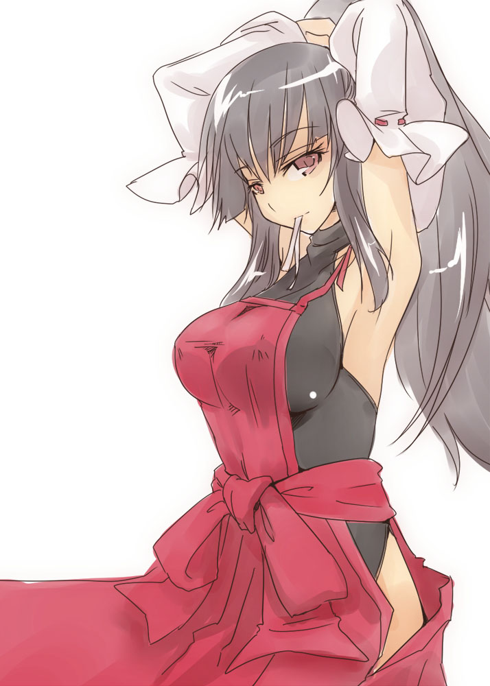 armpits, arms_up, black_hair, breasts, detached_sleeves, long_hair, red_eyes, roadksa