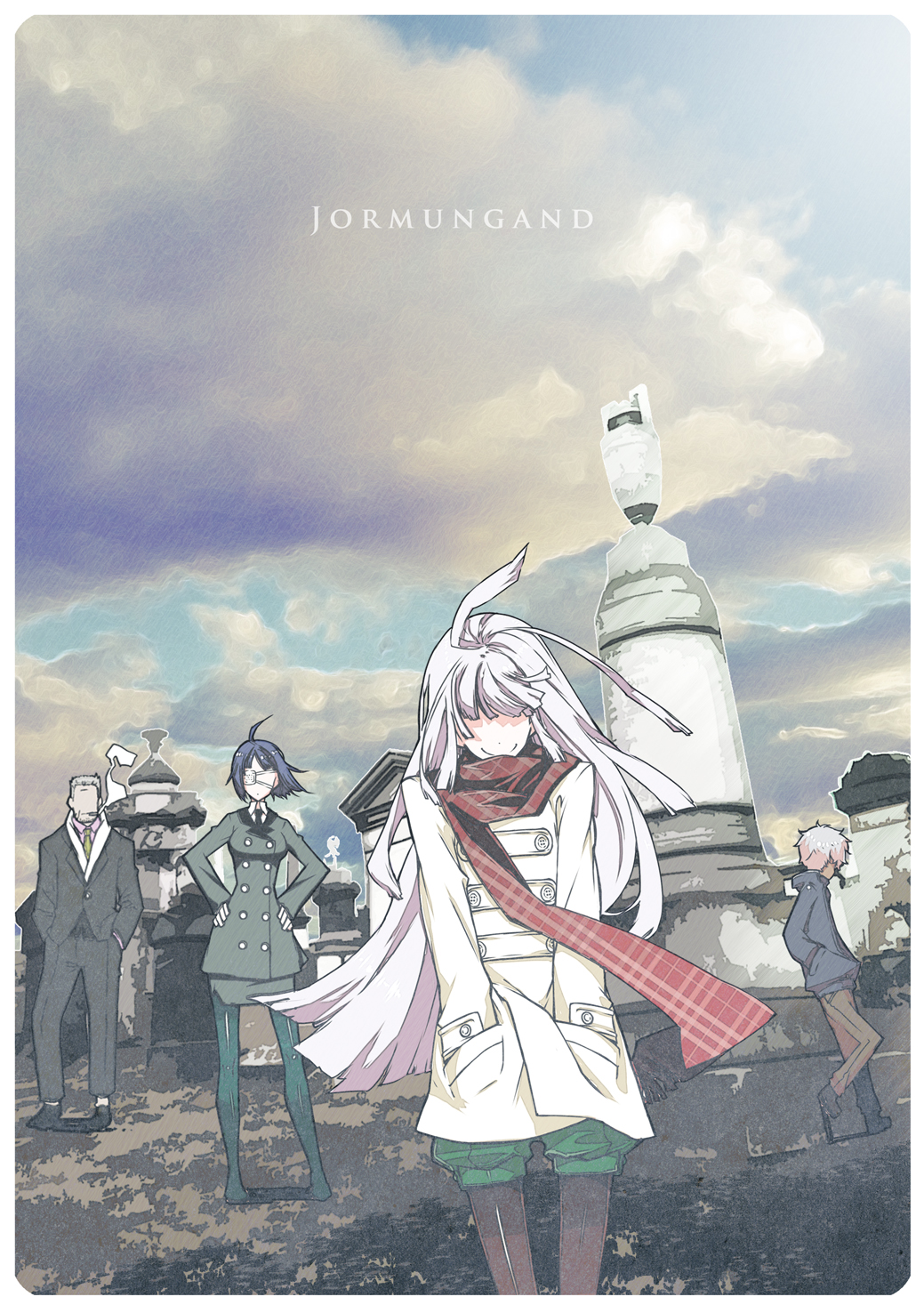black_legwear, cigarette, cloud, clouds, coat, eyepatch, formal, hands_in_pockets