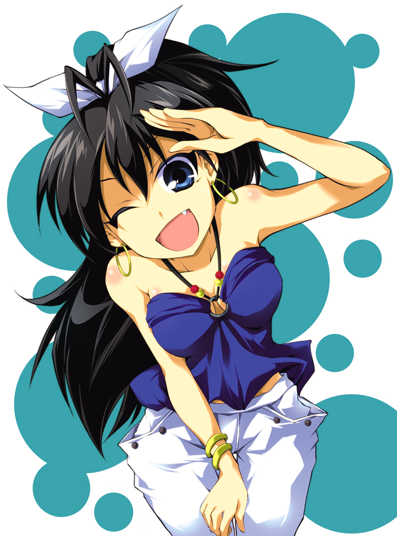 :d, ;d, arm_up, bare_shoulders, black_hair, blue_eyes, blush, bracelet