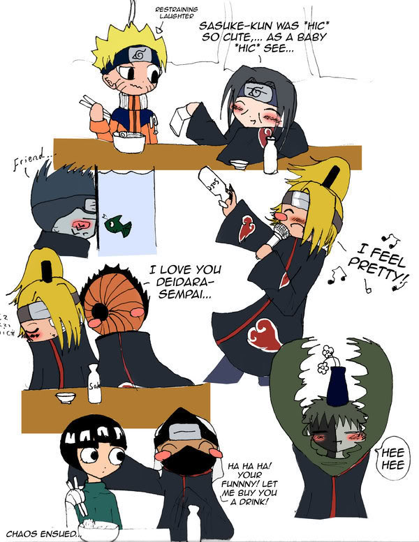 akatsuki_(naruto), black_hair, blonde_hair, blush, chopsticks, deidara, drunk, fish