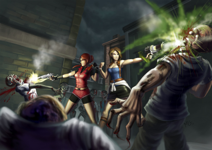 2girls, artist_name, bare_shoulders, battle, bike_shorts, blood, blue_eyes, boots