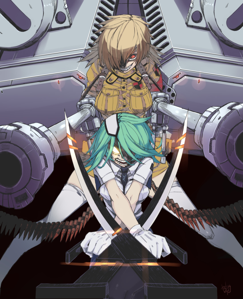ammunition_belt, blonde_hair, breasts, clenched_teeth, crossed_arms, crossover, dual_wielding, eyepatch