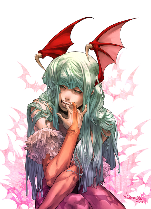 bare_shoulders, bat_wings, biting, bridal_gauntlets, capcom, demon_girl, elbow_gloves, eon_forgery