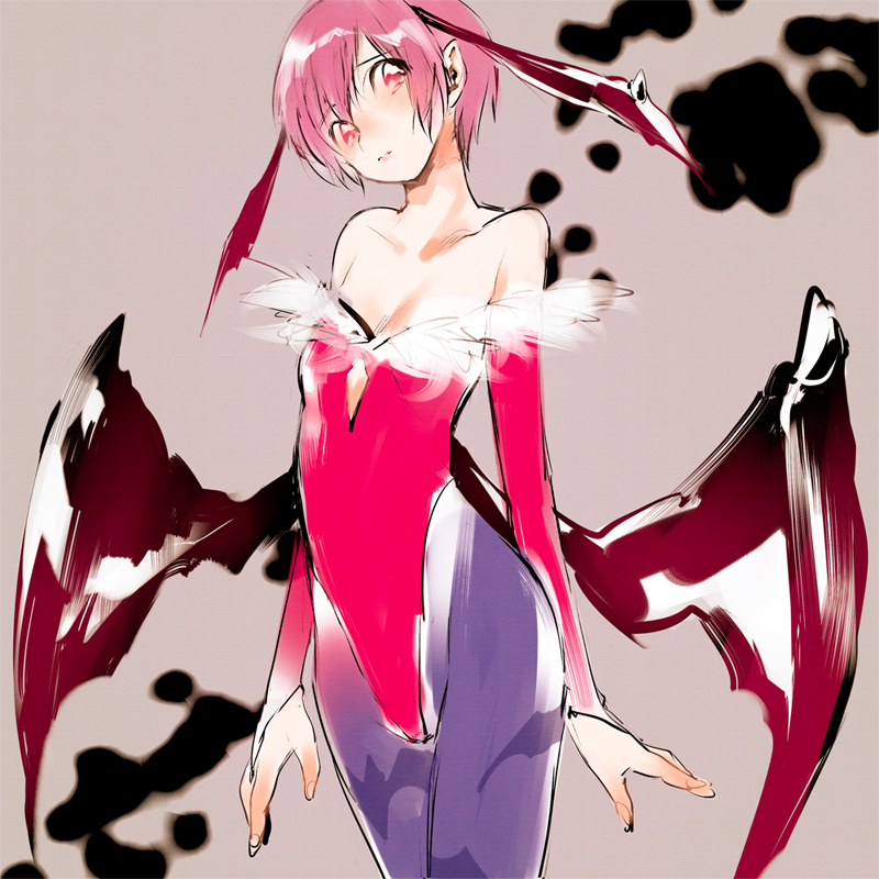 bare_shoulders, bat_wings, demon_girl, elbow_gloves, flat_chest, gloves, head_wings, leotard