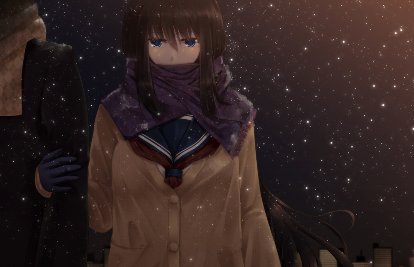 argyle, argyle_scarf, arm_hug, black_hair, blue_eyes, blush, cardigan, coat