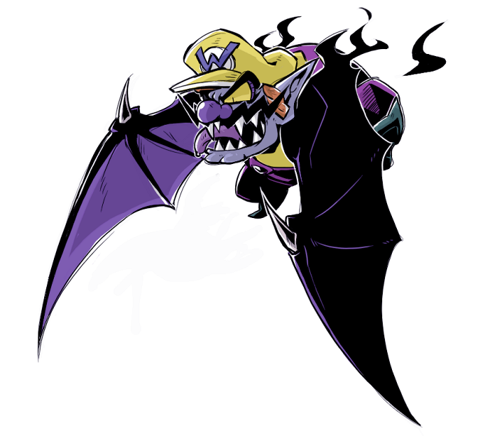 bat_wings, big_nose, facial_hair, hat, monster_boy, mustache, nitorou, purple_skin, sharp_teeth, solo, super_mario_bros., tongue, wario, wario_land, wings, yellow_eyes