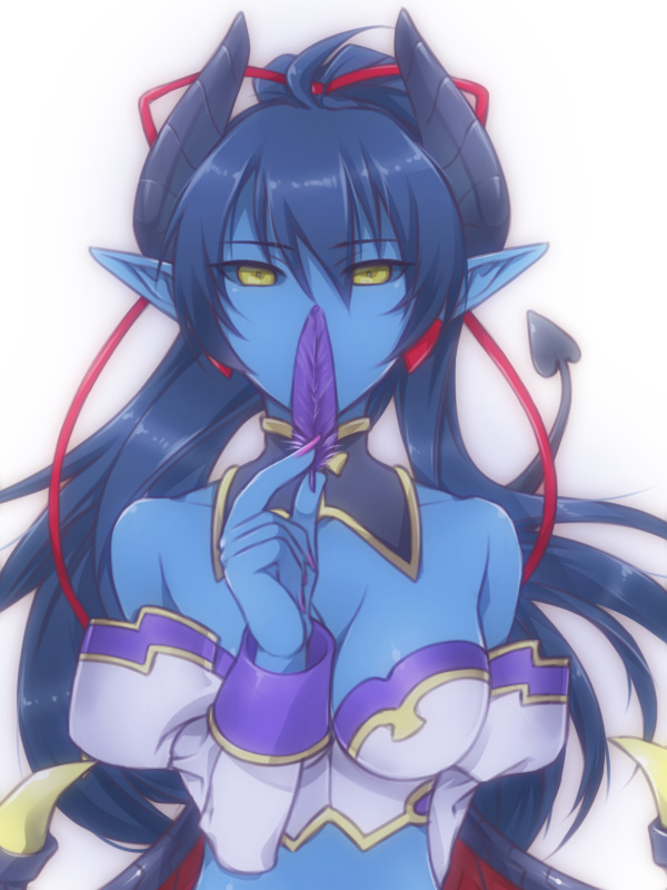 asmodeus_(shinrabanshou), bare_shoulders, black_sclera, blue_hair, blue_skin, breasts, cleavage, demon_girl