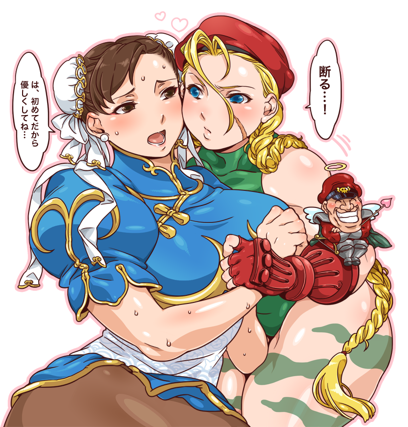 ahoge, bare_shoulders, blonde_hair, blue_eyes, blush, braid, breasts, brown_eyes