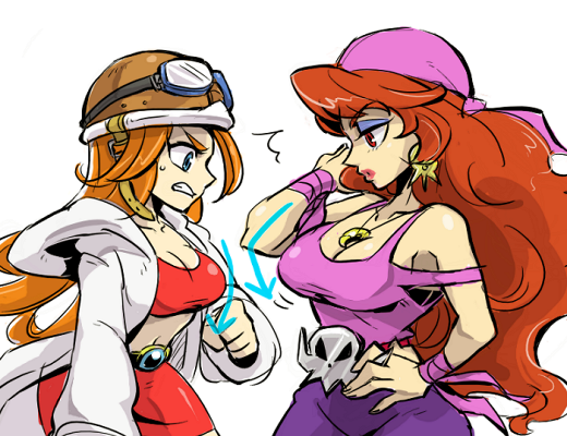 bandana, bare_shoulders, big_hair, blue_eyes, breast_envy, breasts, brown_hair, captain_syrup