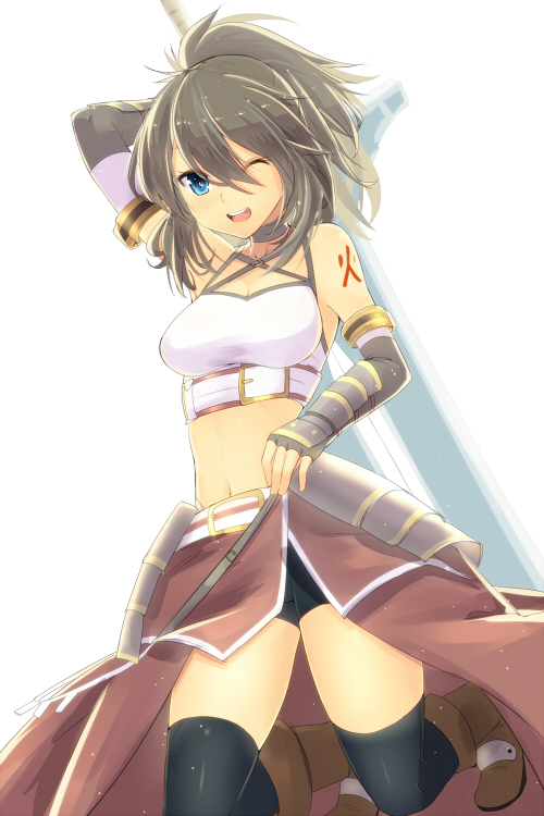 ade_(emi-tan), armor, bare_shoulders, bike_shorts, black_legwear, blue_eyes, boots, breasts