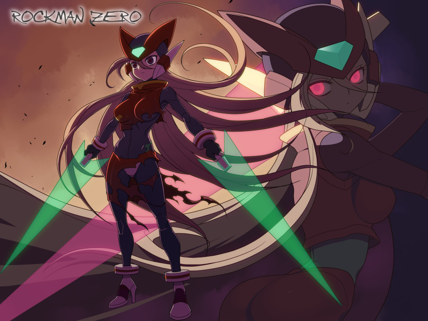 black_eyes, blonde_hair, bodysuit, dual_wielding, energy_blade, energy_sword, genderswap, glowing