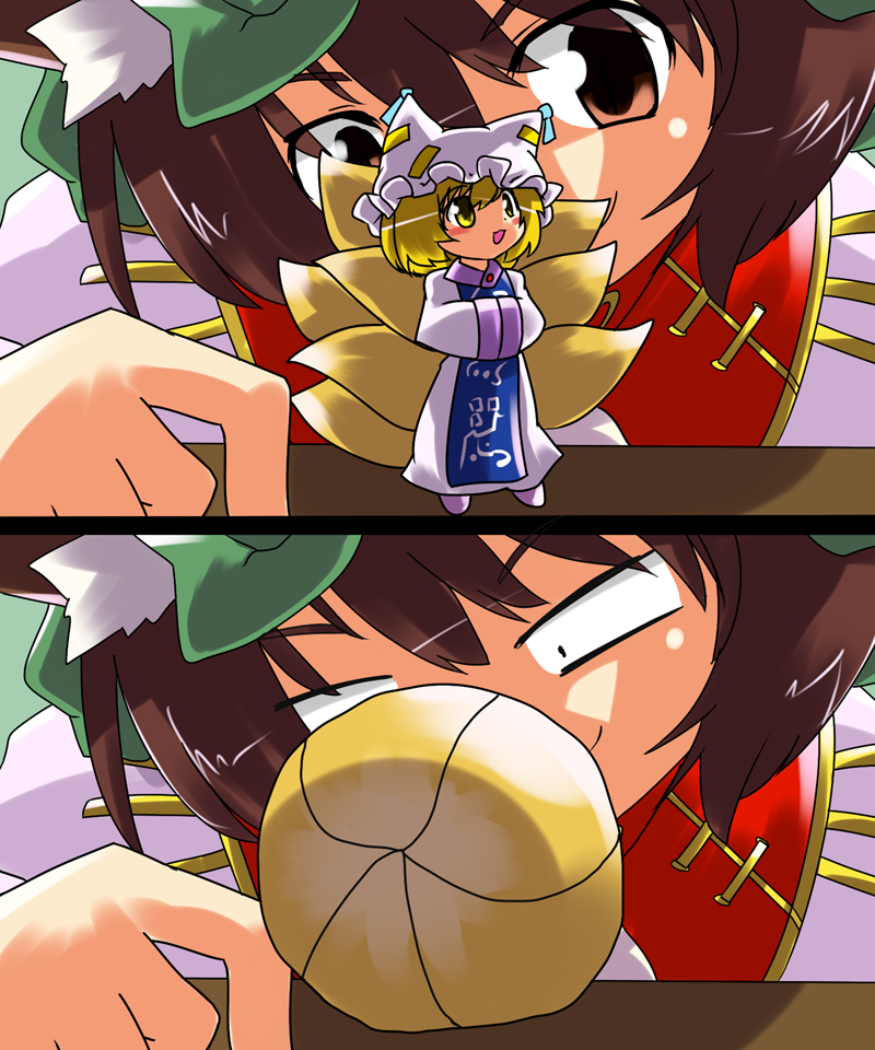 blonde_hair, brown_eyes, brown_hair, chen, dress, fox_tail, furball, hands_in_sleeves, hat, hat_with_ears, long_sleeves, minigirl, miniskirt, multiple_girls, multiple_tails, short_hair, skirt, tabard, tail, tail_wrap, touhou, tyourou_god, white_dress, wide_sleeves, yakumo_ran, yellow_eyes