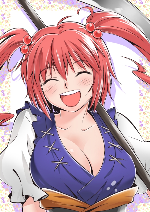 :d, blush, breasts, cleavage, closed_eyes, eyes_closed, hair_bobbles, hair_ornament