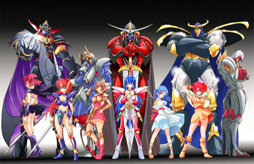 6+girls, amu_yoshuna_brand, armor, asou_yuuko, axe, bare_shoulders, bird, blue_hair, breasts, cham, character_request, cleavage, copyright_request, crossed_arms, drill_hair, grin, hand_on_hip, headband, highres, kirishima_reiko, lena_brand, lineup, long_hair, macoji, mugen_senshi_valis, multiple_girls, navel, pigeon-toed, pink_hair, pointy_ears, ponytail, red_hair, redhead, short_hair, sideboob, size_difference, smile, standing, sword, twintails, valna, very_long_hair, weapon, whip