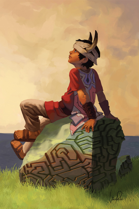 armlet, bandage, bandages, barefoot_sandals, black_hair, boulder, horns, ico