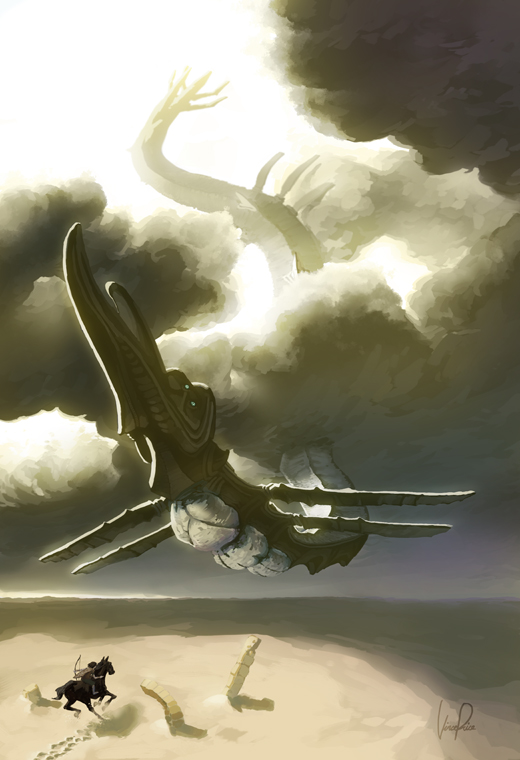 agro, bow_(weapon), colossus, desert, flying, horse, phalanx_(shadow_of_the_colossus), riding
