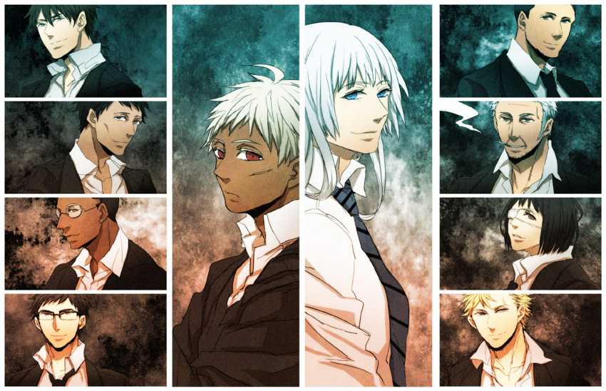 6+boys, black_hair, blonde_hair, blue_eyes, brown_hair, cigarette, dark_skin, eyepatch