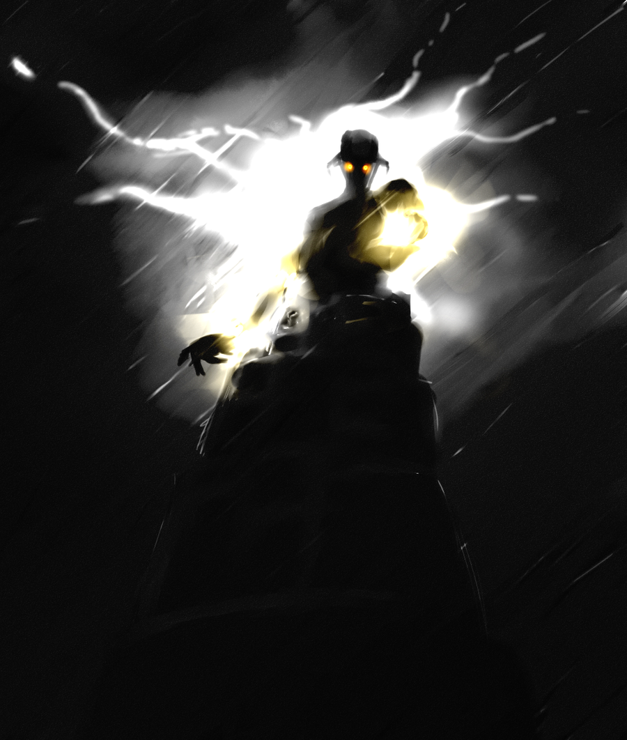 colossus, epic, glowing, glowing_eyes, horns, lightning, malus, no_humans, outstretched_hand, rain, shadow_of_the_colossus, solo, storm