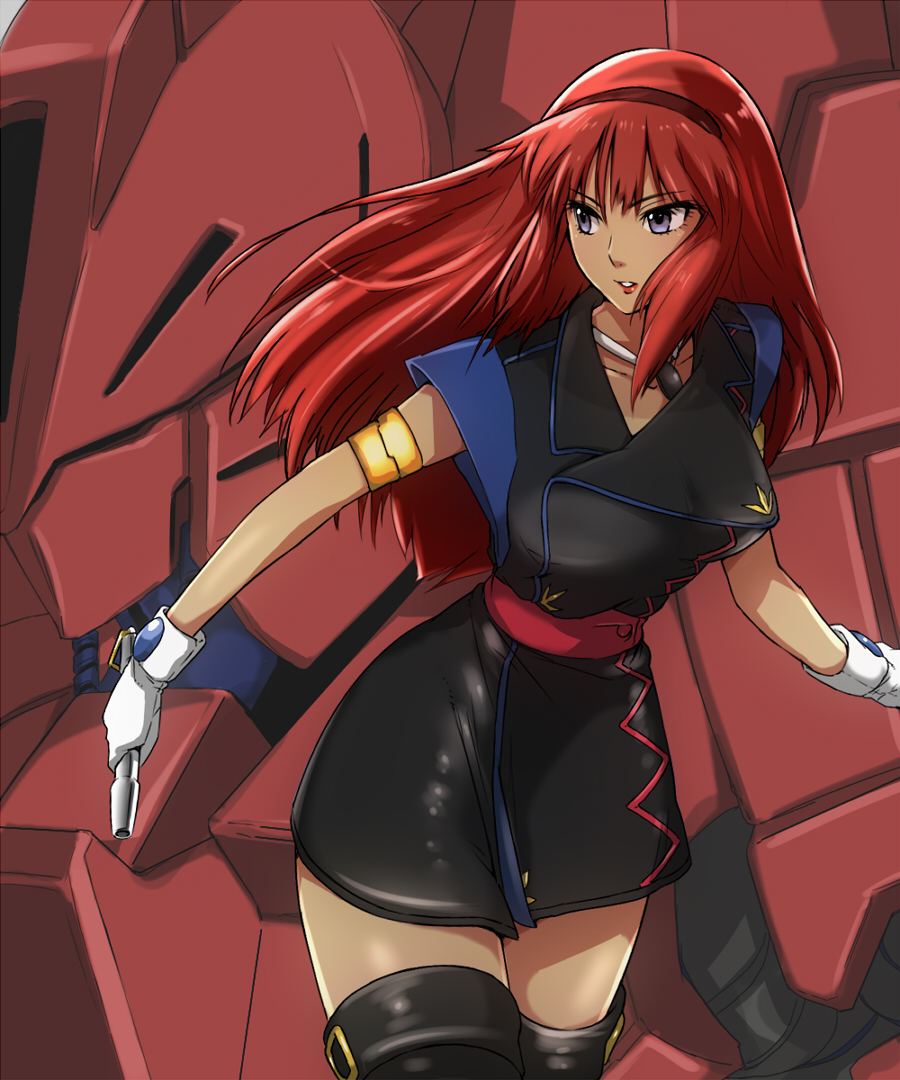 armband, black_legwear, blue_eyes, collarbone, gaw_ha_leecee, gloves, hairband, heavy_metal_l-gaim, jewelry, lipstick, long_hair, maabou, makeup, mecha, necklace, nouvelle_d.sserd, pendant, red_eyes, thigh-highs, thighhighs, white_gloves