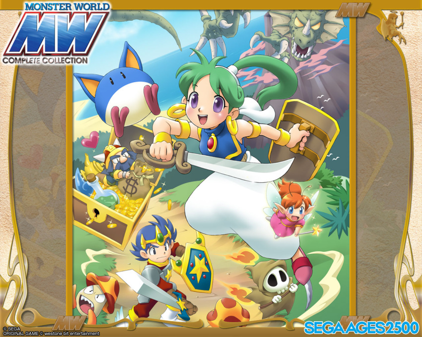 2girls, antennae, armor, bag, blue_hair, bottle, coin, dragon, dress, fairy, fire, green_hair, halo, heart, helmet, horns, hotta_(monster_world), monster, monster_world, monster_world_iv, mountain, multiple_boys, multiple_girls, no_pupils, official_art, orange_hair, pepelogoo, ponytail, priscilla_(monster_world), priscilla_(wonder_boy), purple_eyes, robe, scythe, sega, sekelton, shield, shion_(monster_world), shion_(wonder_boy), skeleton, sword, treasure, violet_eyes, wallpaper, wand, weapon, wings, wonder_boy_in_monster_world, wonder_boy_v_monster_world_iii, yellow_sclera