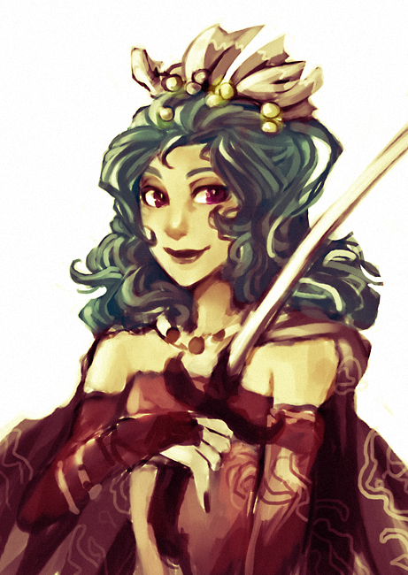 bare_shoulders, bridal_gauntlets, cape, ella_kurki, final_fantasy, final_fantasy_vi, green_hair, hair_ornament, lips, long_hair, red_eyes, smile, solo, sword, tina_branford, weapon