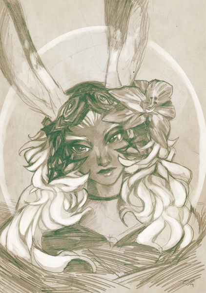 animal_ears, bunny_ears, bust, choker, dark_skin, ella_kurki, final_fantasy, final_fantasy_xii, flower, fran, hair_flower, hair_ornament, lips, long_hair, mono, monochrome, portrait, rabbit_ears, solo, traditional_media, viera, white_hair