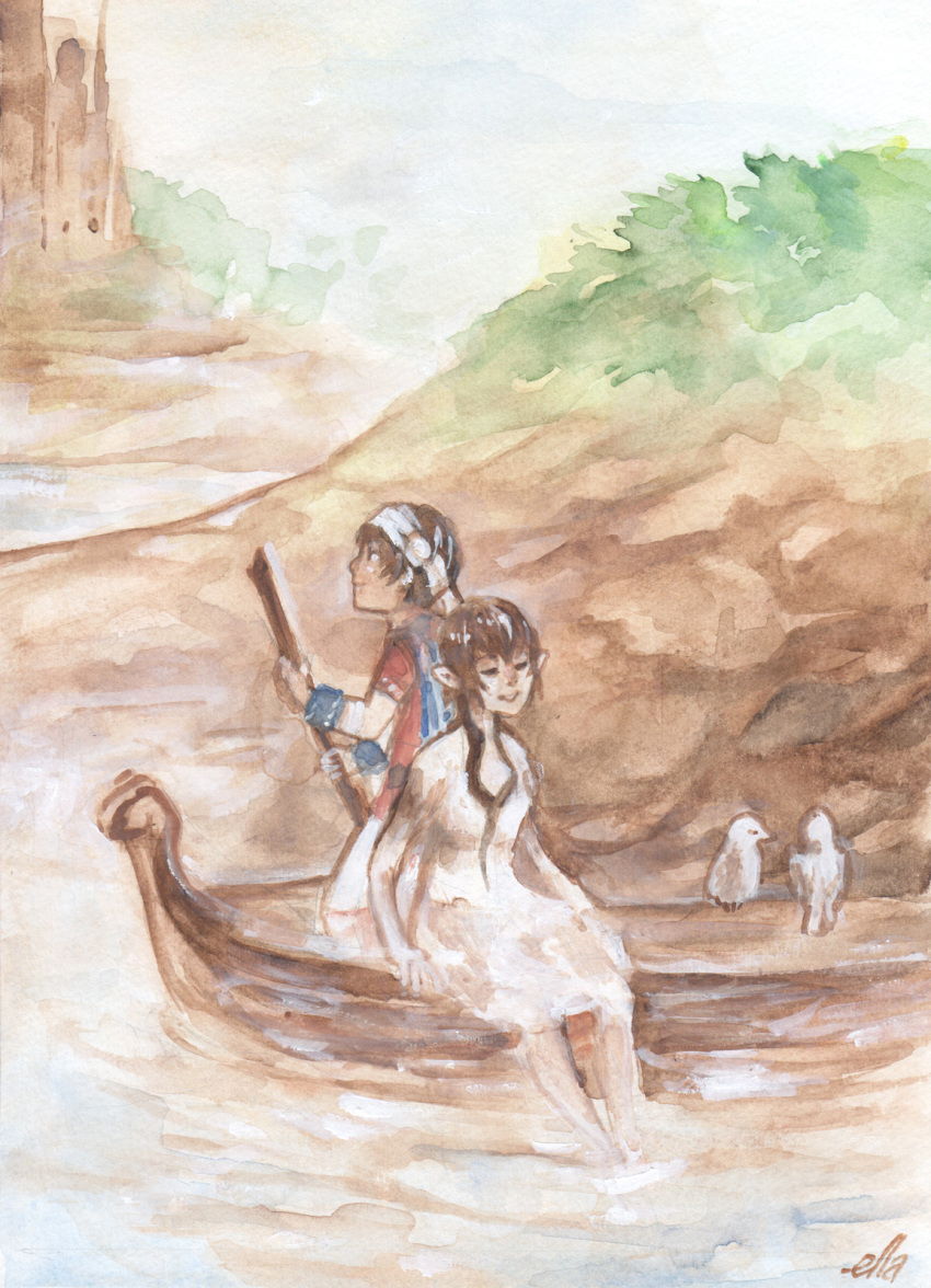 1girl, bandage, bandages, barefoot, bird, boat, ella_kurki, highres