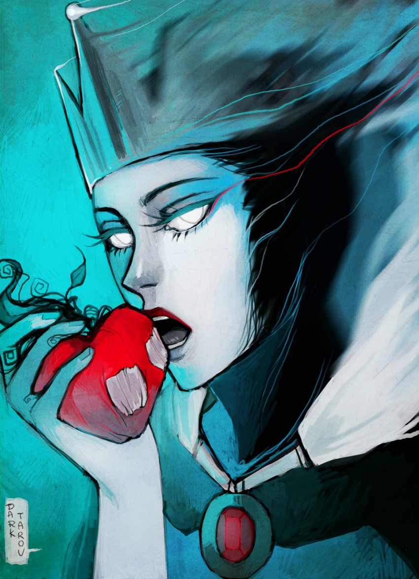 apple, crossover, crown, dark-tarou, eyelashes, eyeliner, food, fruit, half-closed_eyes, highres, ico, makeup, snow_white_and_the_seven_dwarfs, snow_white_and_the_seven_dwarfs_(disney), solo, the_queen, white_pupil