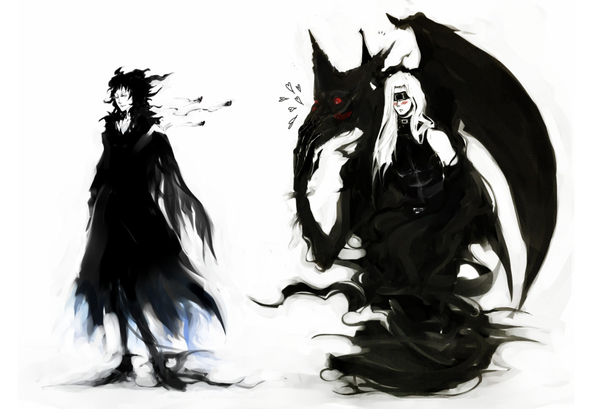 1girl, bare_shoulders, black_hair, blindfold, blush, caria0, crossover, eddie_(guilty_gear)