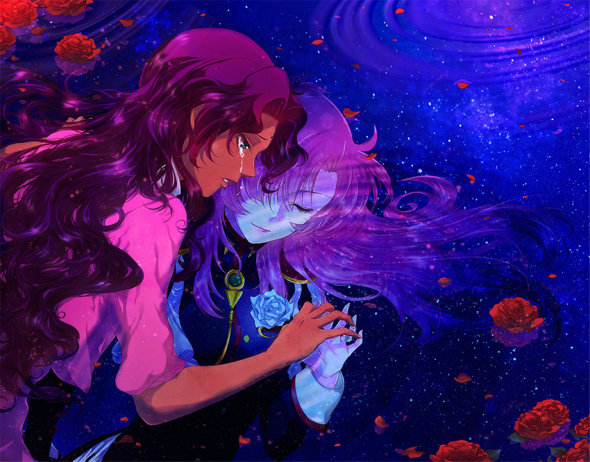 closed_eyes, couple, crying, dark_skin, epaulettes, eyes_closed, flower, himemiya_anthy, ivory_(25680nico), long_hair, multiple_girls, parted_lips, petals, purple_hair, red_rose, ripples, rose, shoujo_kakumei_utena, sky, space, star_(sky), starry_sky, tears, tenjou_utena, water