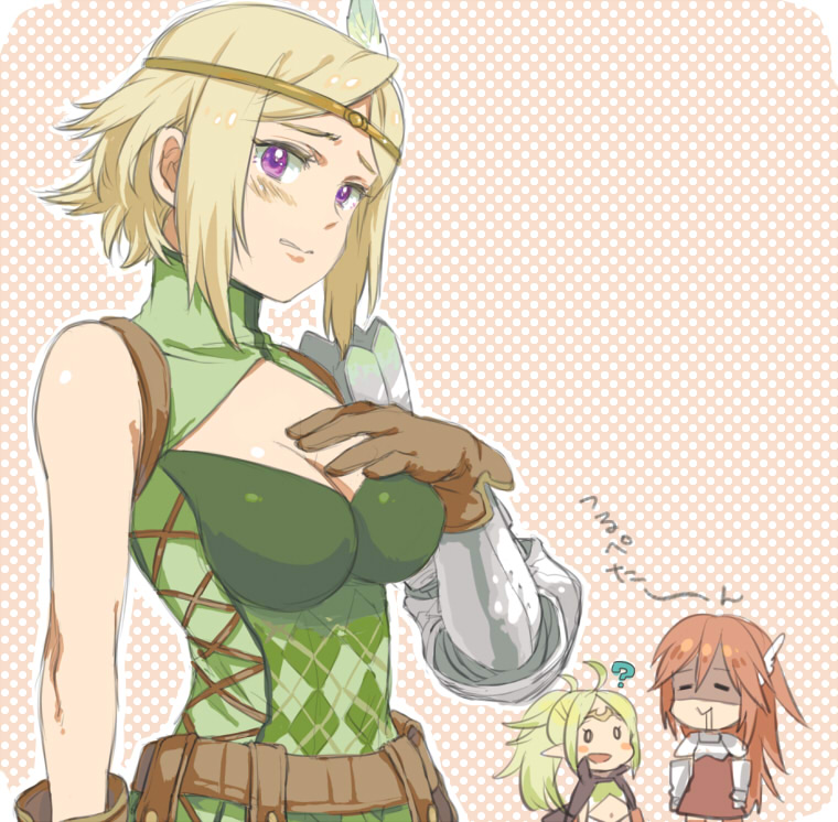 ?, ahoge, argyle, atsumu, belt, blonde_hair, breast_suppress, breasts