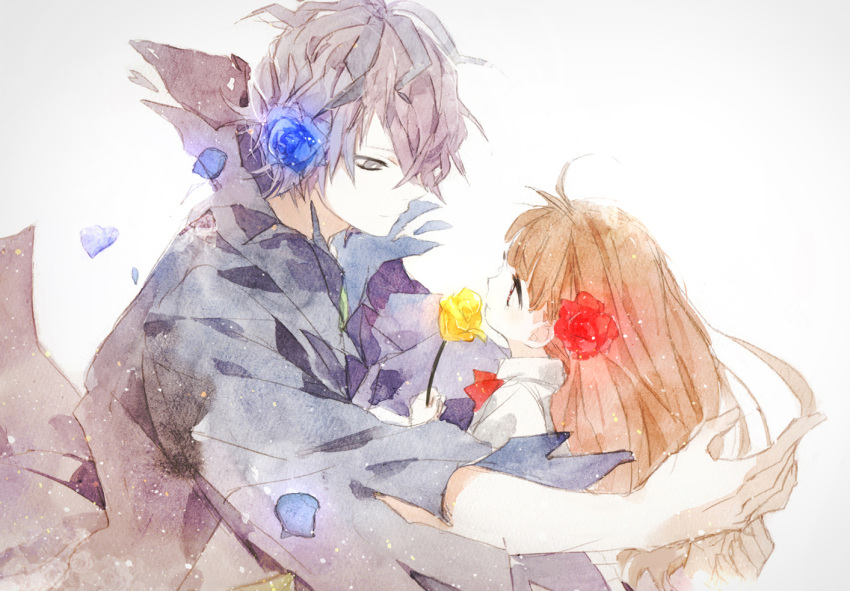 1girl, blue_rose, brown_hair, flower, garry_(ib), gomas, hair_over_one_eye, ib