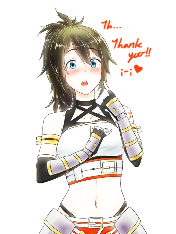 ade_(emi-tan), armlet, armor, bare_shoulders, black_hair, blue_eyes, blush, breasts
