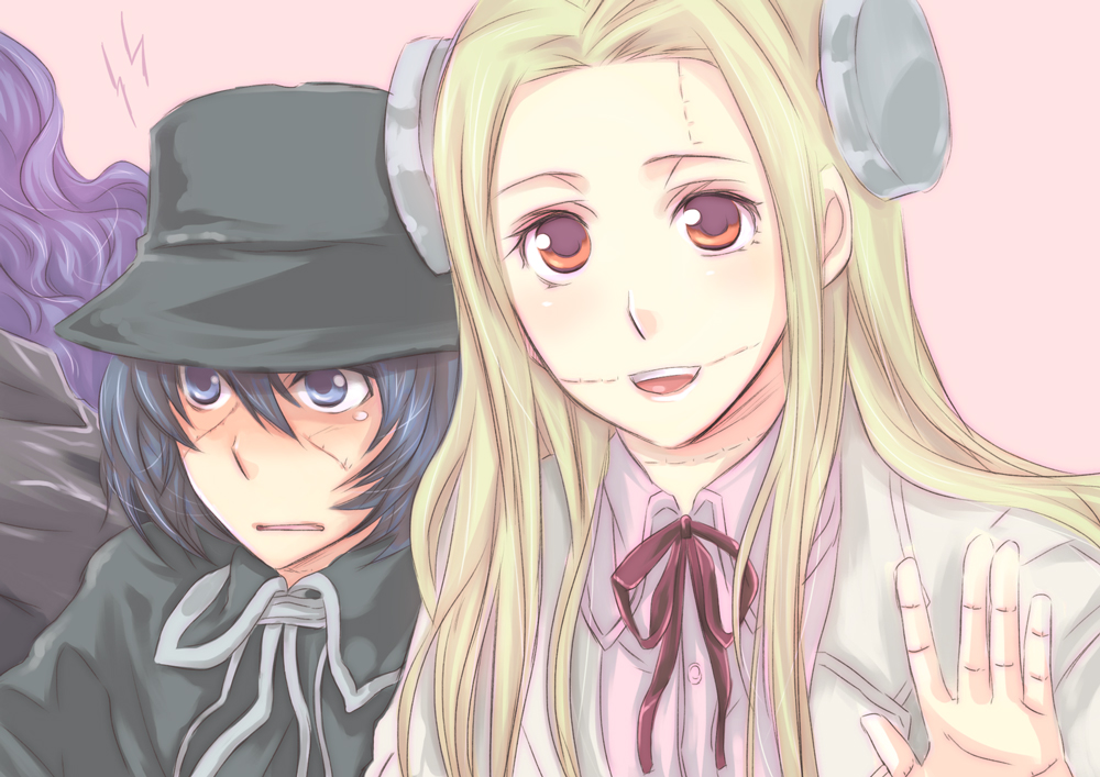 black_hair, blonde_hair, blue_eyes, bolt, franken_fran, glasgow_smile, hat, kosato
