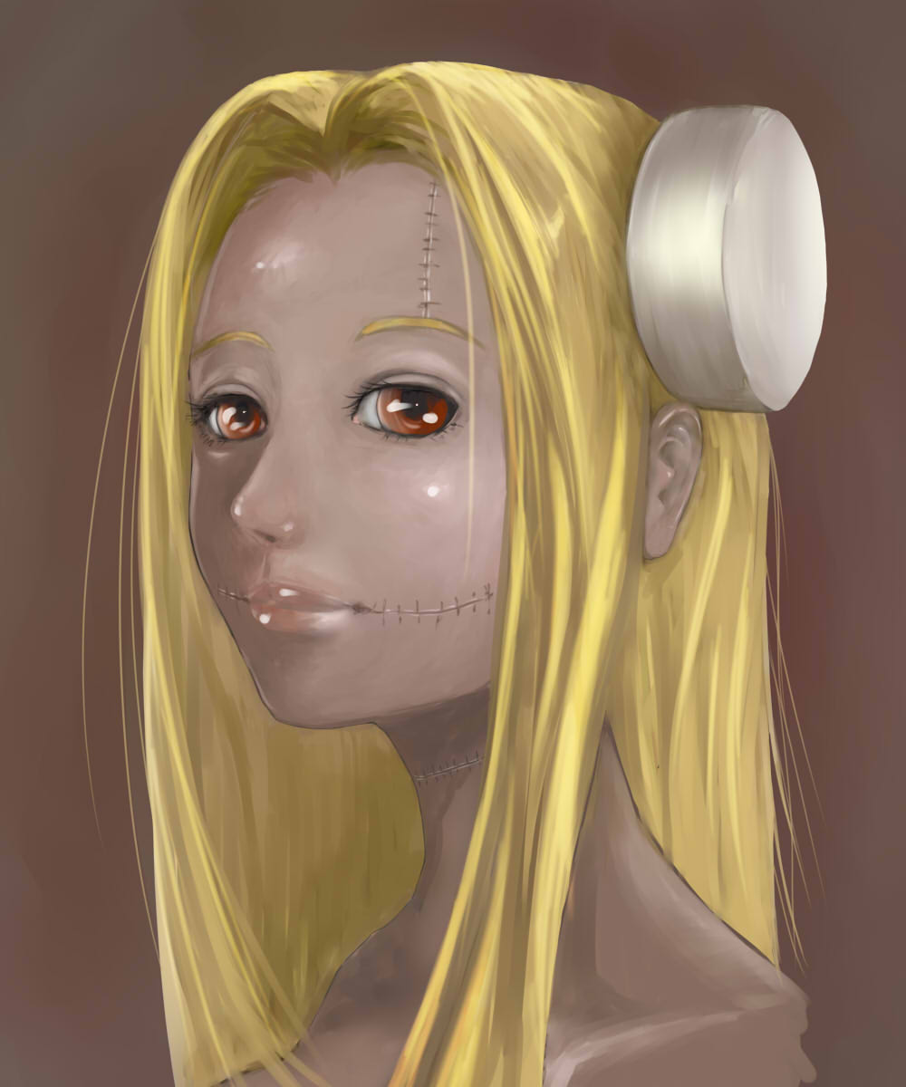 blonde_hair, bolt, bust, dark_skin, franken_fran, glasgow_smile, highres, long_hair