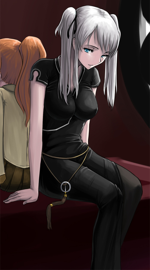 back-to-back, black_dress, blue_eyes, breasts, brown_hair, cloel, dress, dual_persona, hair_ribbon, large_breasts, long_hair, mabinogi, mari_gwydion, multiple_girls, nao, pleated_skirt, ponytail, ribbon, silver_hair, skirt, thigh-highs, thighhighs, time_paradox