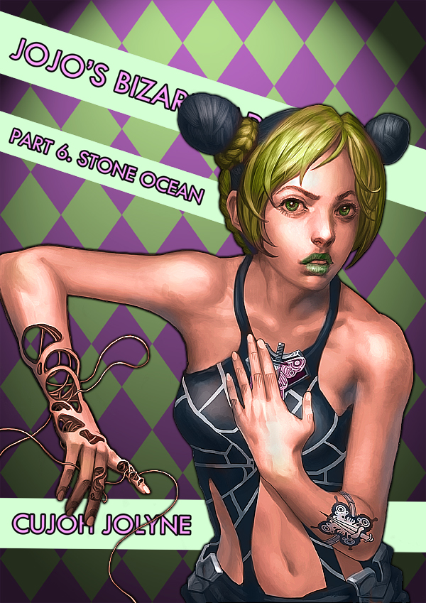 black_hair, blonde_hair, braid, csddong, double_bun, green_eyes, jojo_no_kimyou_na_bouken, kuujou_jolyne