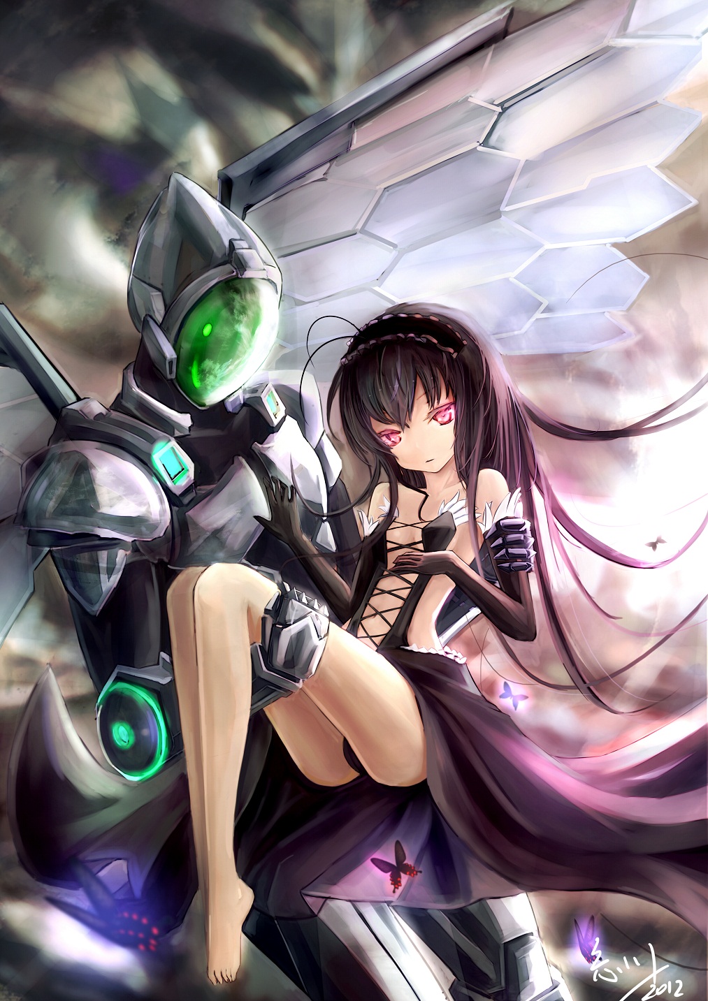 antenna_hair, armor, barefoot, black_hair, butterfly, carrying, dress, duel_avatar