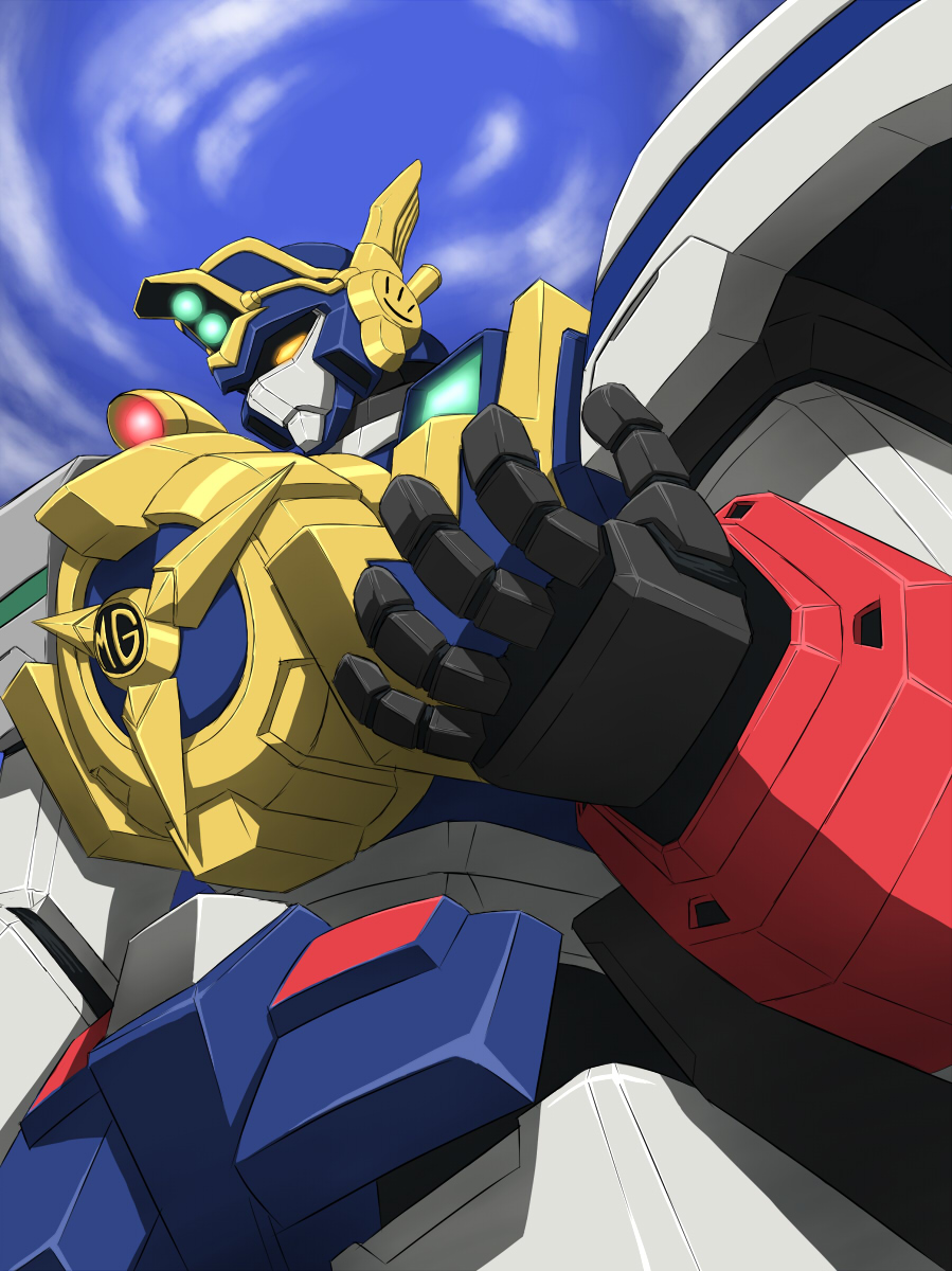 hands, highres, looking_down, mecha, might_gaine, no_humans, sky, solo