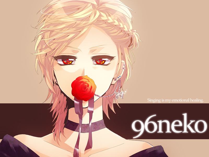 96neko, blonde_hair, earrings, flower, jewelry, nico_nico_douga, red_eyes, rose