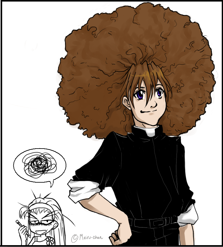 1boy, 1girl, afro, alternate_hairstyle, big_hair, brown_hair, chibi_inset, dorothy_catalonia