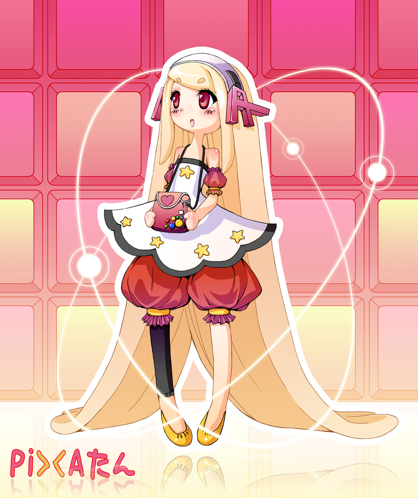bare_shoulders, blonde_hair, bloomers, character_name, dress, hair_ornament, hairband, hikimayu
