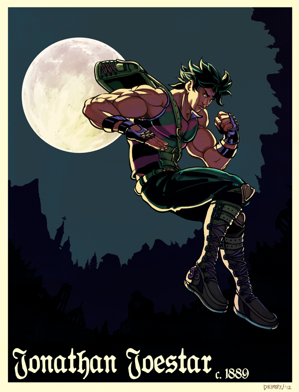 1boy, backpack, bag, black_hair, boots, dkirbyj, fingerless_gloves, full_moon, gloves, jojo_no_kimyou_na_bouken, jonathan_joestar, moon, muscle, solo, striped