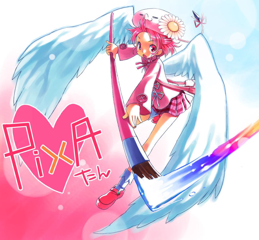 blush, character_name, checkered, checkered_skirt, flower, hair_flower, hair_ornament, hat, heart, highres, open_mouth, original, paintbrush, painting, personification, pink_eyes, pink_hair, pixa, pleated_skirt, ribbon, school_uniform, shoes, short_hair, skirt, socks, solo, tatata, white_wings, wings