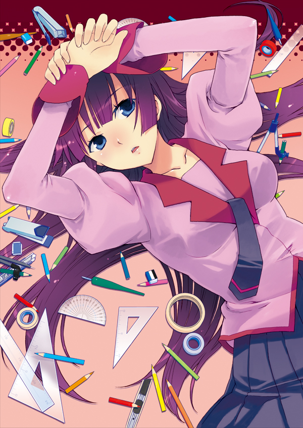 bakemonogatari, blue_eyes, breasts, colored_pencil, compass, compasses, large_breasts, long_hair